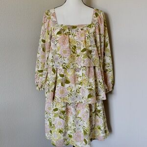 Muted Pink & Green Floral and Check Square Neck Tiered Dress